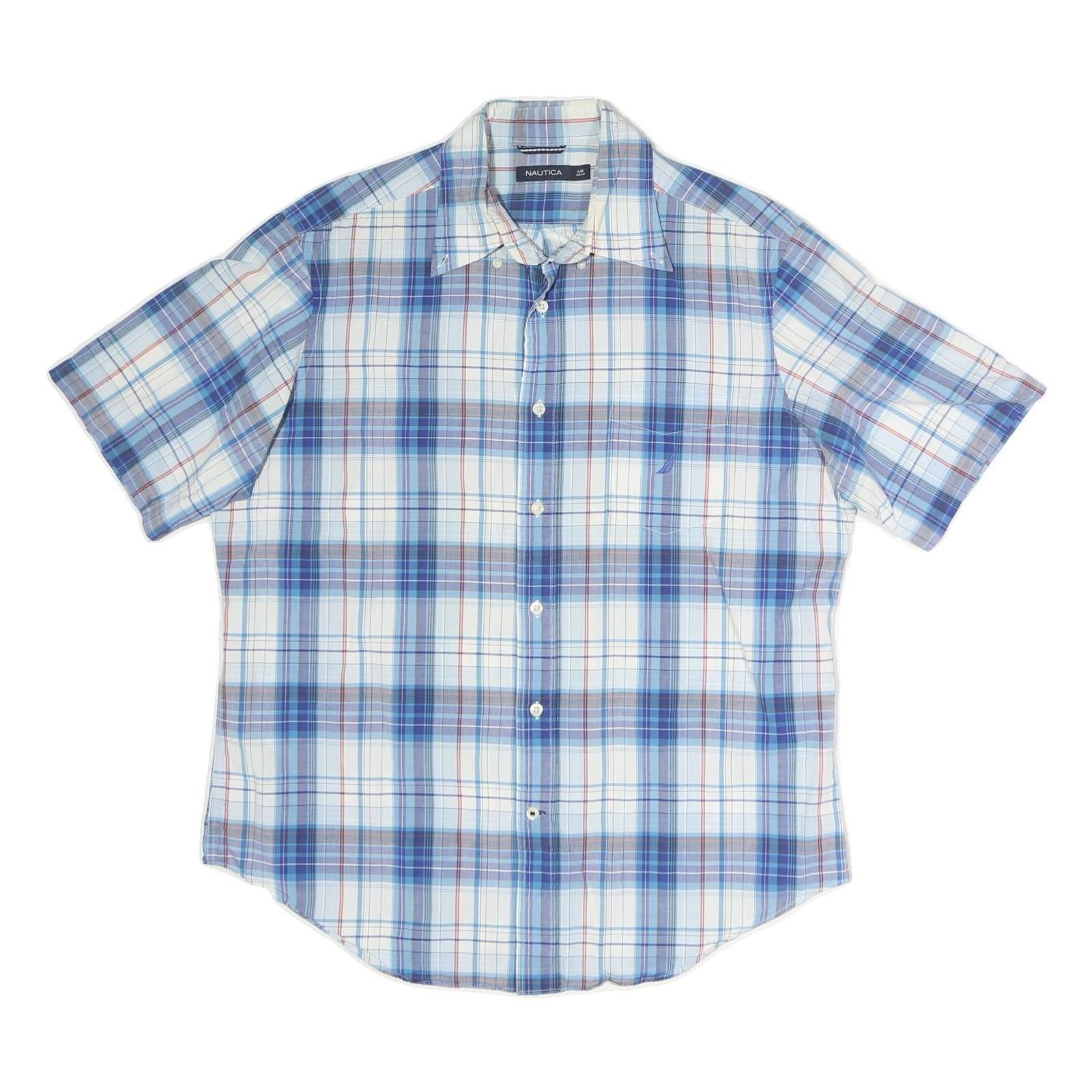 NAUTICA Mens Blue Check Shirt L Cotton Short Sleeve Casual Summer Refurbished - N/A refurbished available on Cerqular