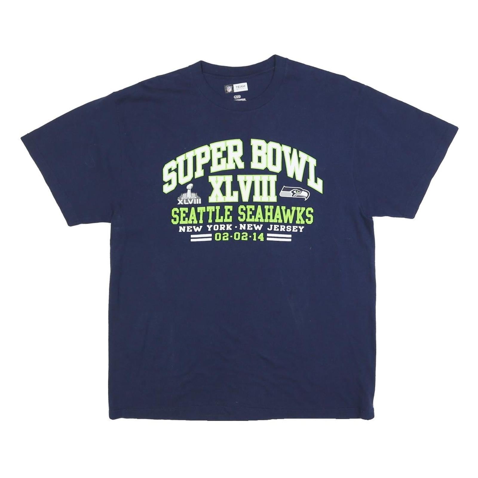 NFL Mens Blue Super Bowl XLVIII Graphic T-Shirt L Short Sleeve Crew Neck Refurbished - N/A refurbished available on Cerqular