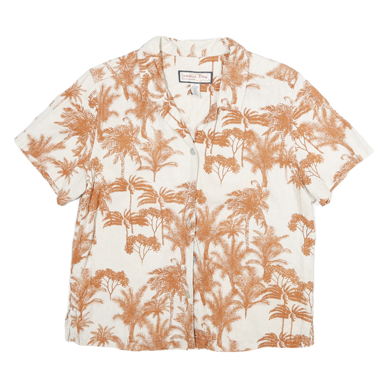 JAMIACA BAY Womens Cream & Brown Linen Blend Shirt L Tropical Print Casual Refurbished - N/A refurbished available on Cerqular