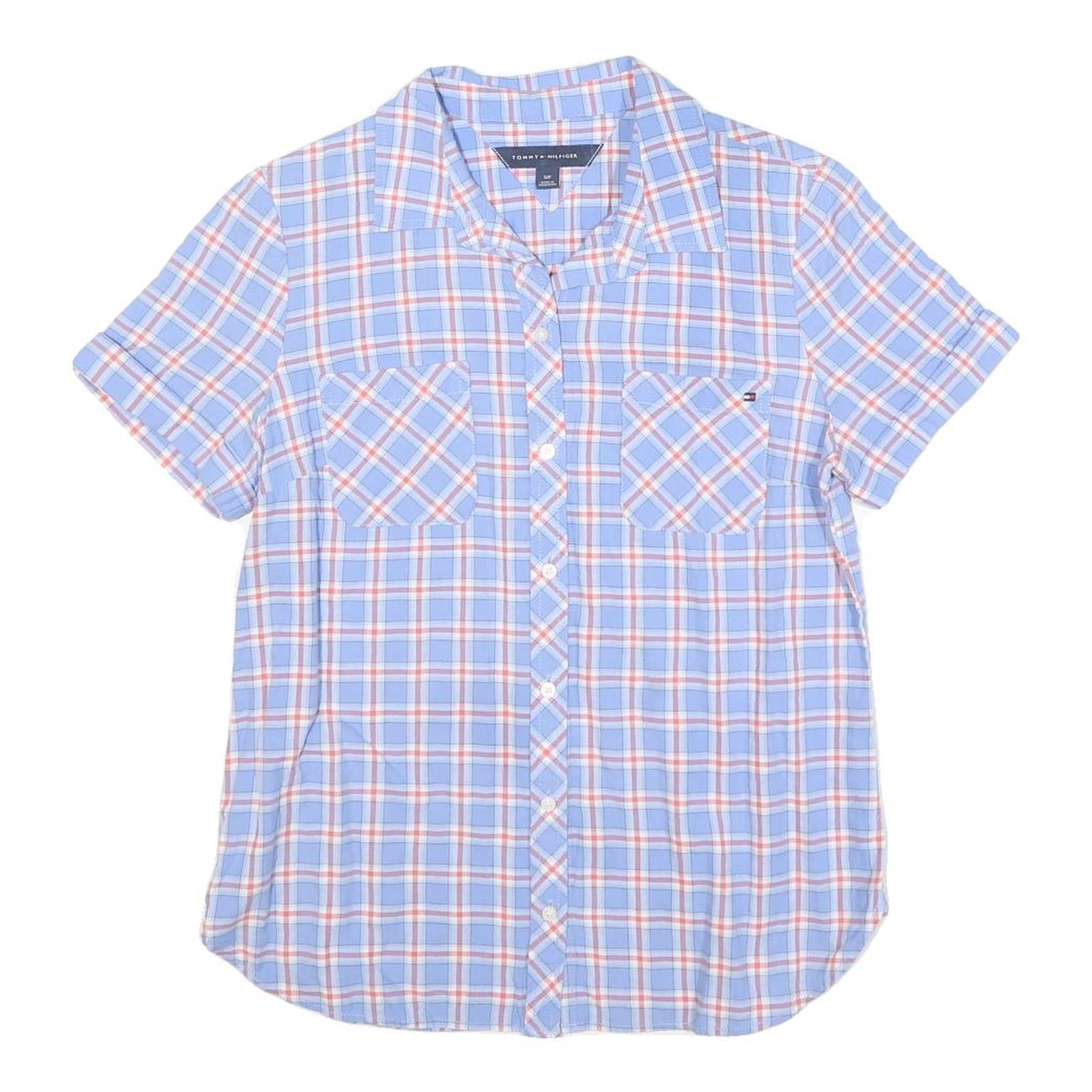TOMMY HILFIGER Womens Blue & Red Check Shirt S Short Sleeve Cotton Blend Refurbished - N/A refurbished available on Cerqular