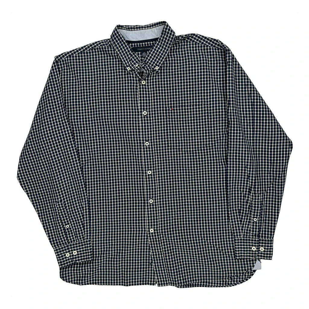 Tommy Hilfiger Checked Shirt - Large Navy Cotton Refurbished - Thrifted (note: this is a term often used to describe second- refurbished available on Cerqular
