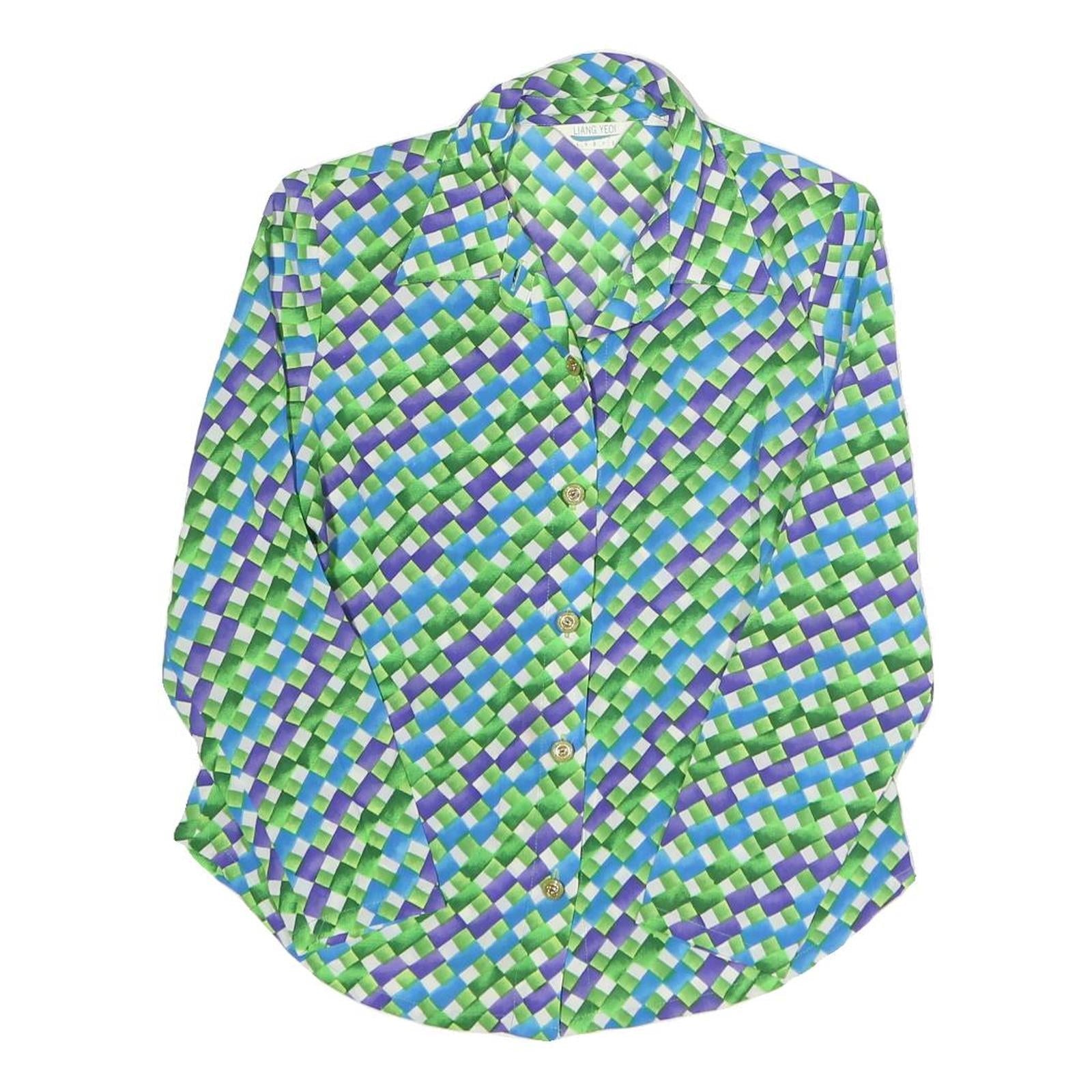 LIANG YEOI Womens Green & Blue Printed Shirt Long Sleeve Collared M Polyester Refurbished - N/A refurbished available on Cerqular