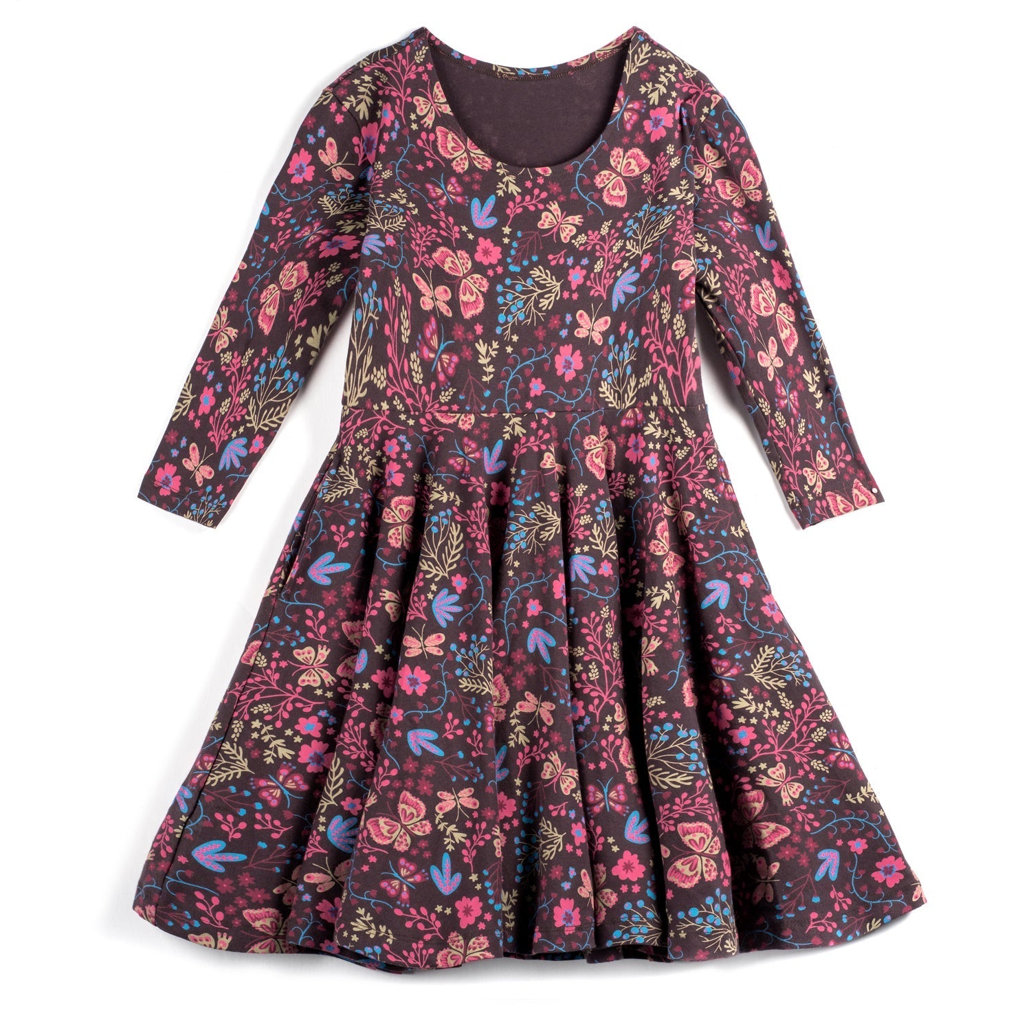 Kids Organic Cotton 3/4 Sleeve Twirl Dress: Flower Child | Color: Flower Child | Size: Large (10) Refurbished - N/A (Note: There is no well-known brand named "M refurbished available on Cerqular