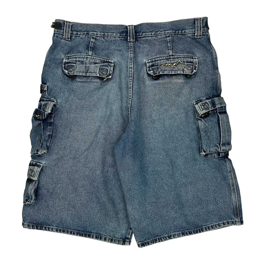 First Down Cargo Shorts - 38W 11L Blue Cotton Refurbished - Thrifted (note: this is a term often used to describe second- refurbished available on Cerqular