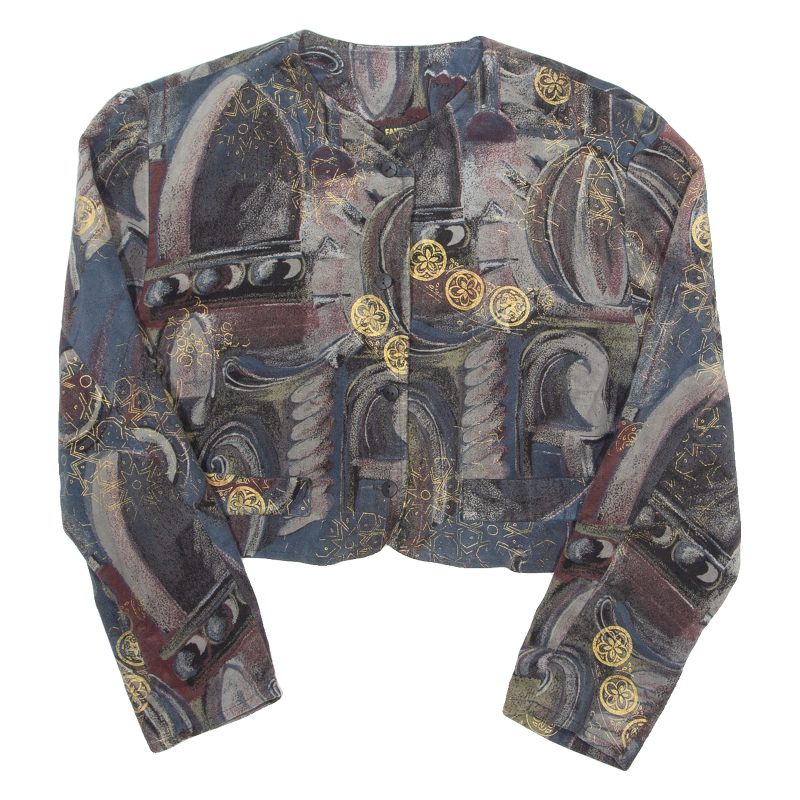 Womens Cropped Blouse Blue Long Sleeve Crazy Pattern M Refurbished - N/A refurbished available on Cerqular
