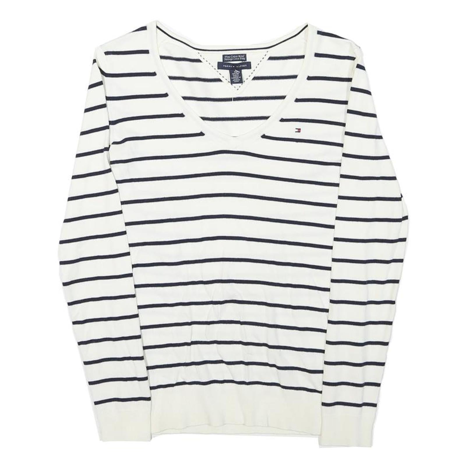 TOMMY HILFIGER Womens White & Navy Striped Jumper V-Neck Basic Knit XS Classic Refurbished - N/A refurbished available on Cerqular