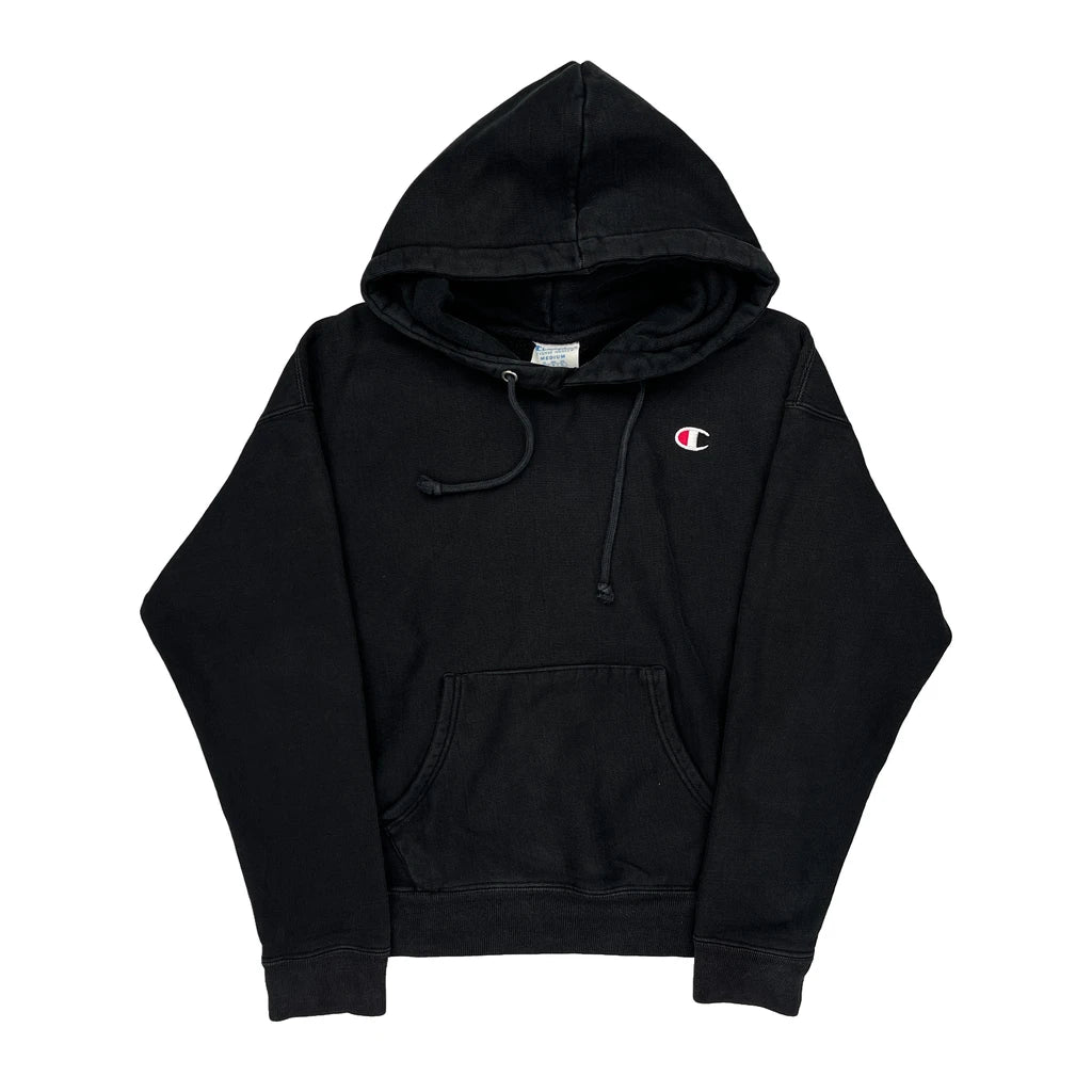 Reverse Weave Champion Hoodie - Medium Black Cotton Refurbished - Thrifted (note: this is a term often used to describe second- refurbished available on Cerqular