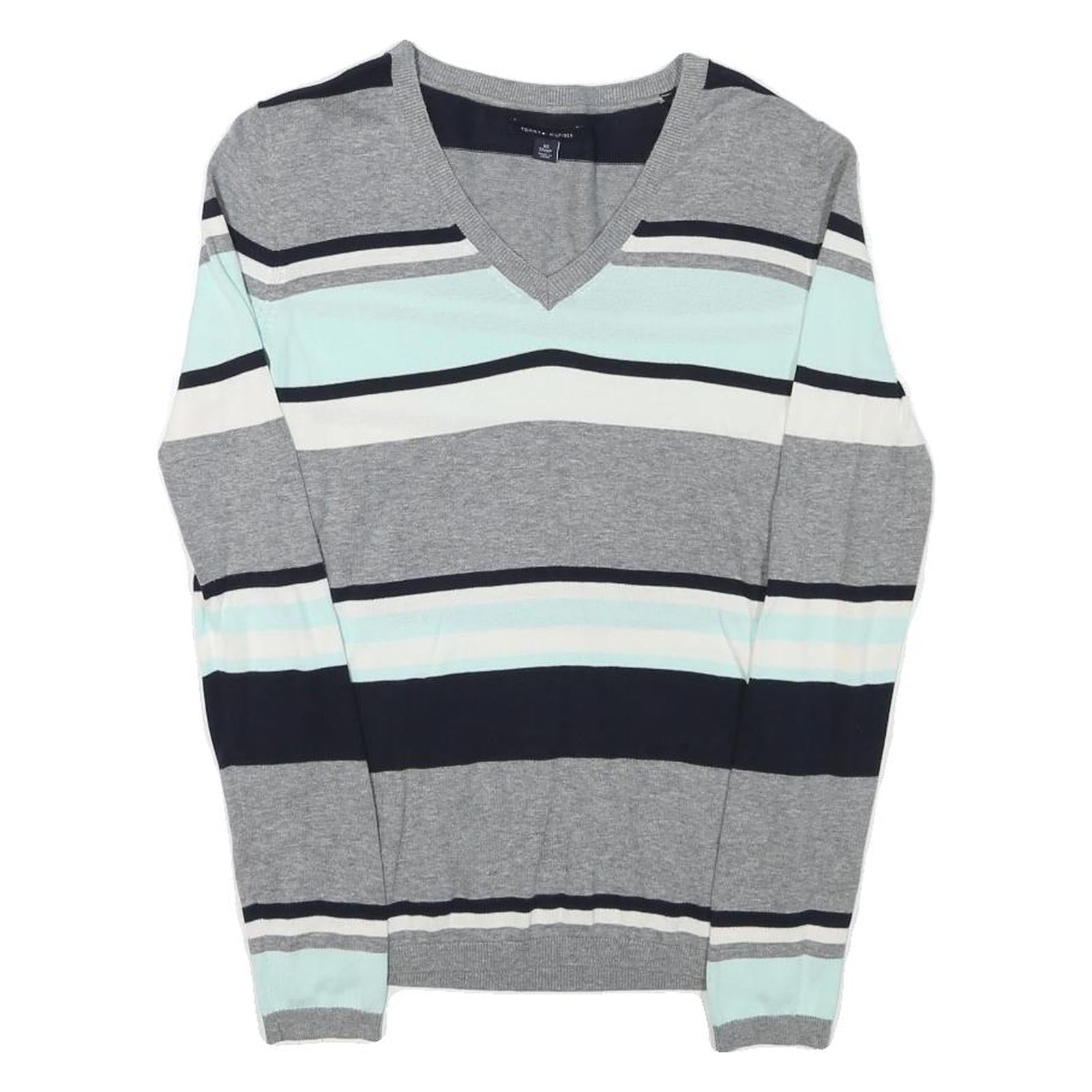 TOMMY HILFIGER Womens Grey Blue White Striped Pattern V-Neck Basic Knit Jumper Refurbished - N/A refurbished available on Cerqular