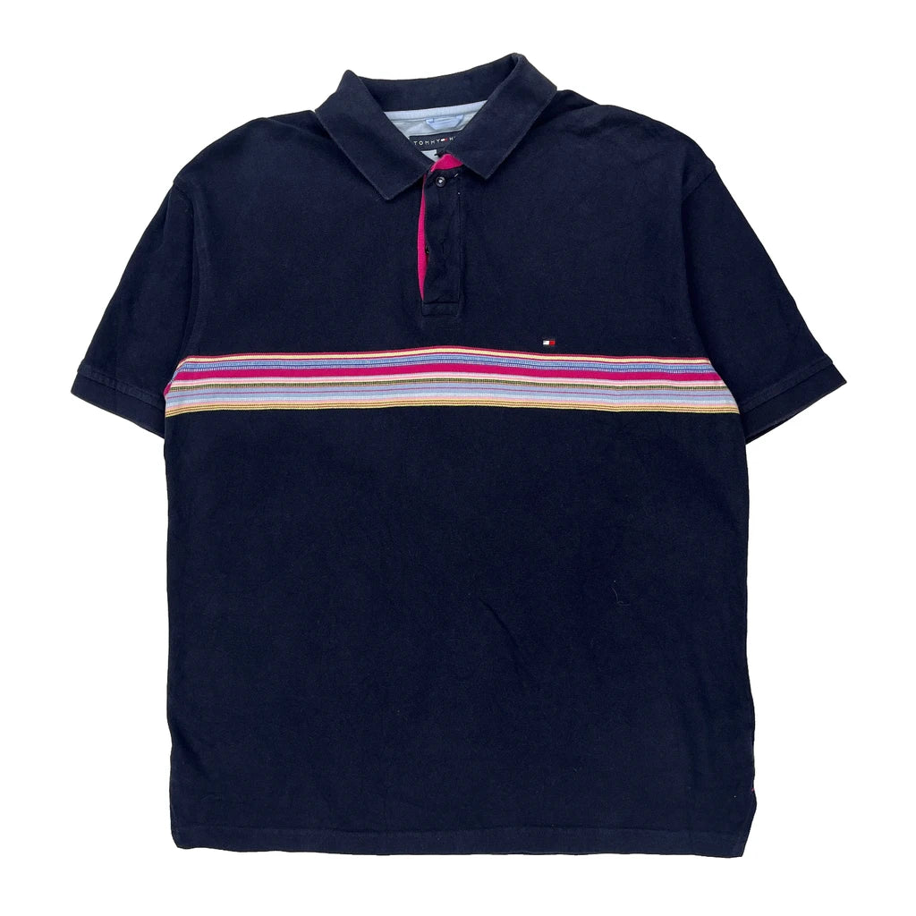 Tommy Hilfiger Striped Polo Shirt - Large Navy Cotton Refurbished - Thrifted (note: this is a term often used to describe second- refurbished available on Cerqular
