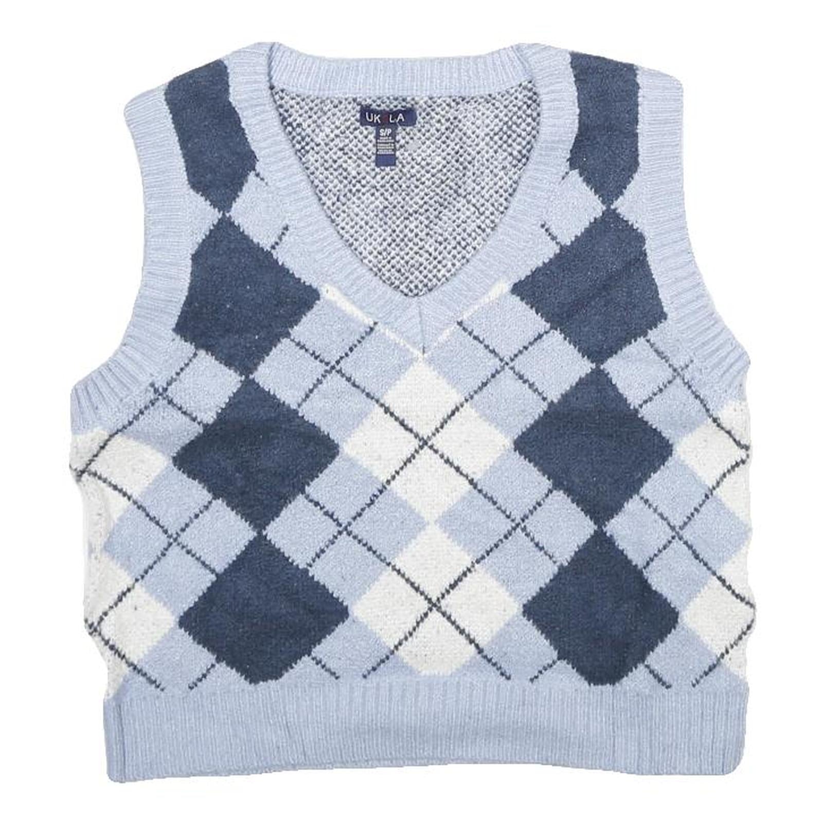 UK2LA Womens Blue & White Patterned Sleeveless V-Neck Chunky Knit Jumper S Refurbished - N/A refurbished available on Cerqular