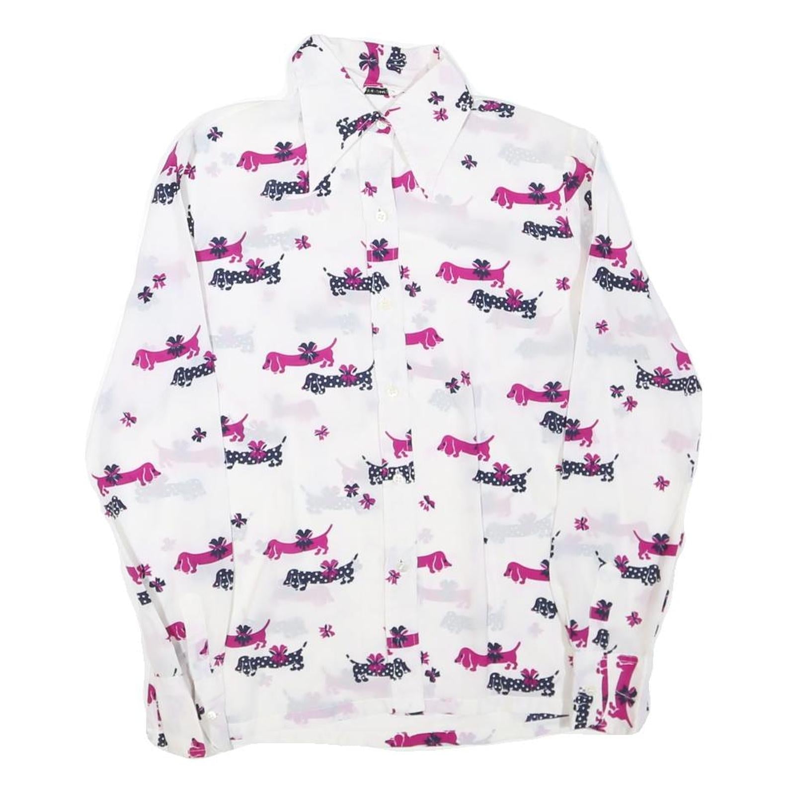 Womens White & Pink Dog Print Shirt Long Sleeve Point Collar S Polyester Blend Refurbished - N/A refurbished available on Cerqular
