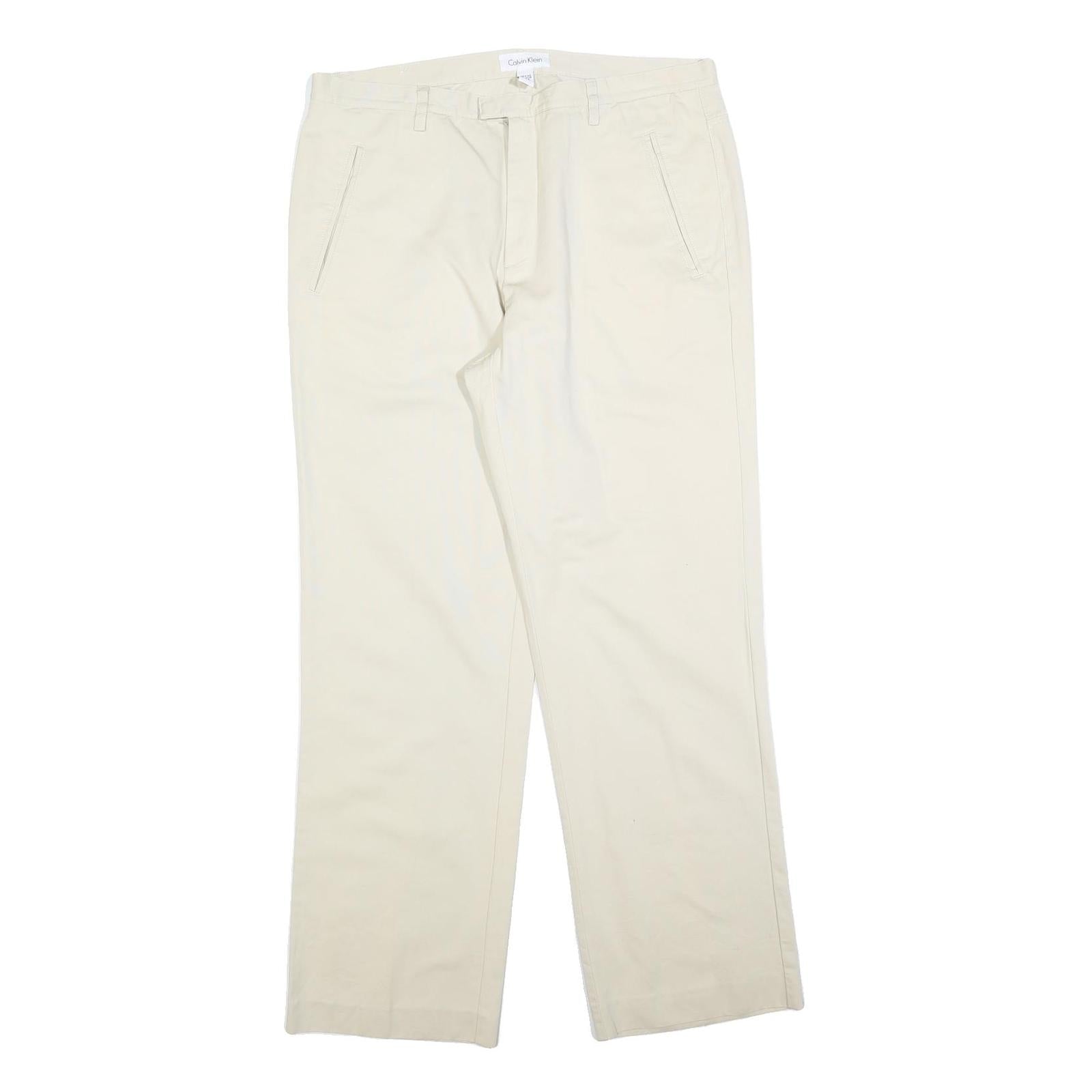 CALVIN KLEIN Mens Regular Fit Beige Cotton Blend Trousers W36 L32 Classic Zip Refurbished - N/A refurbished available on Cerqular