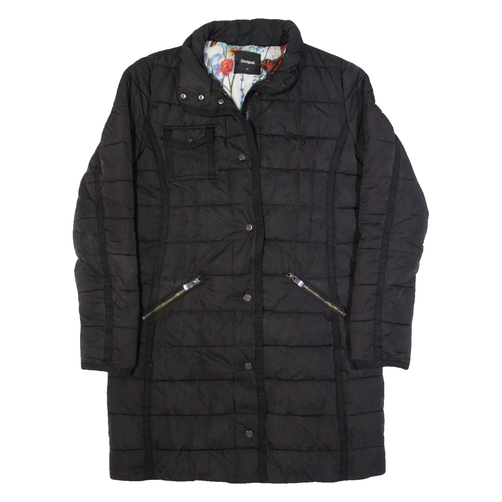 DESIGUAL Womens Puffer Coat Black Floral M Refurbished - N/A refurbished available on Cerqular
