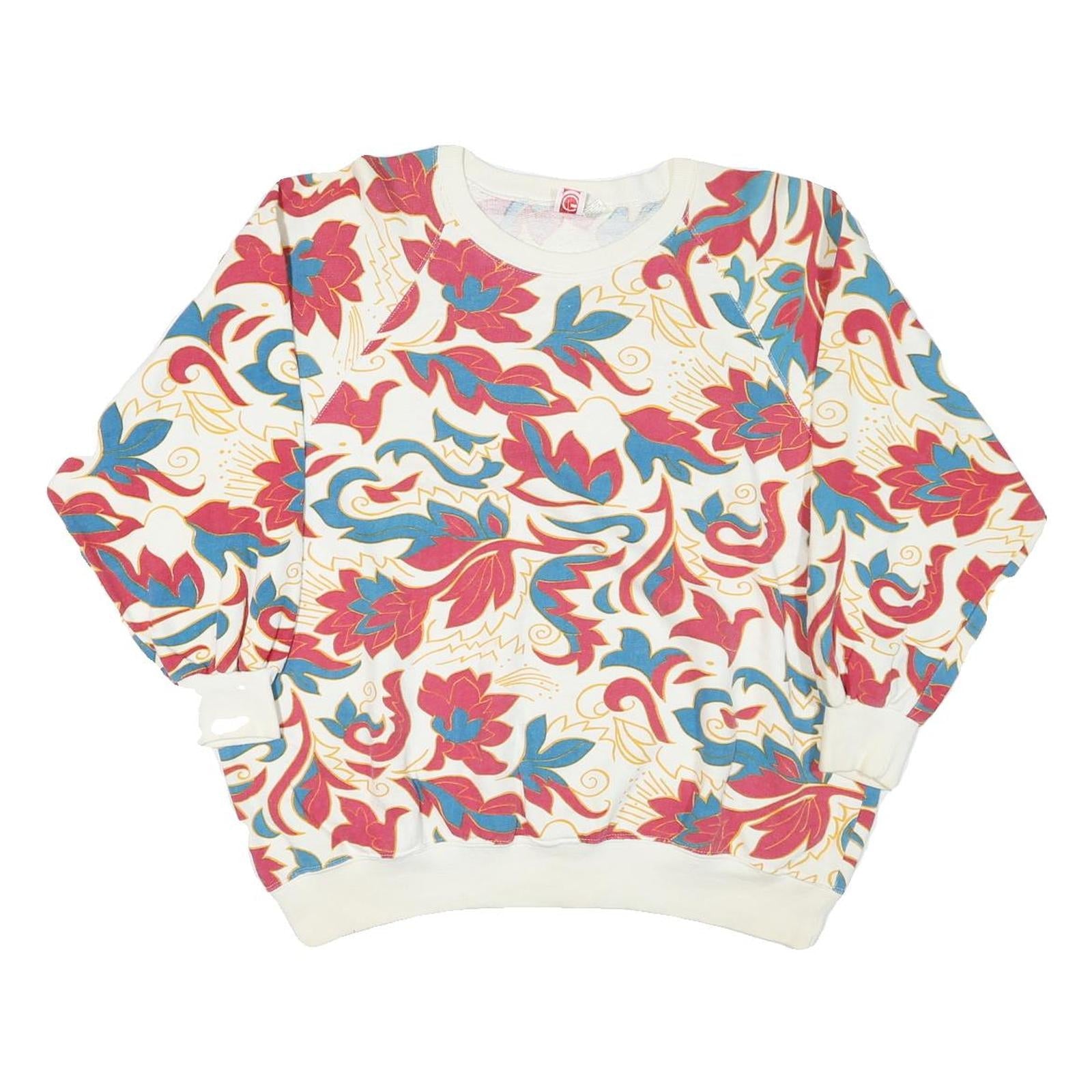 GEARING Womens White Floral Print Crew Neck Sweatshirt L Cotton Blend Casual Refurbished - N/A refurbished available on Cerqular