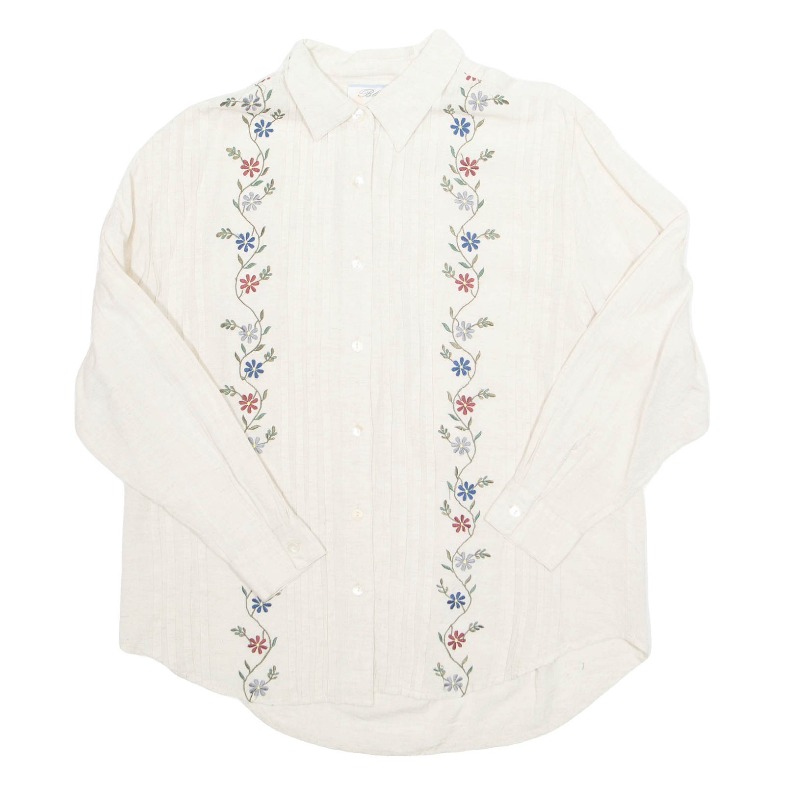 BLUE SPRUCE Embroidered Womens Shirt Beige Collared Long Sleeve Linen Floral XL Refurbished - N/A refurbished available on Cerqular