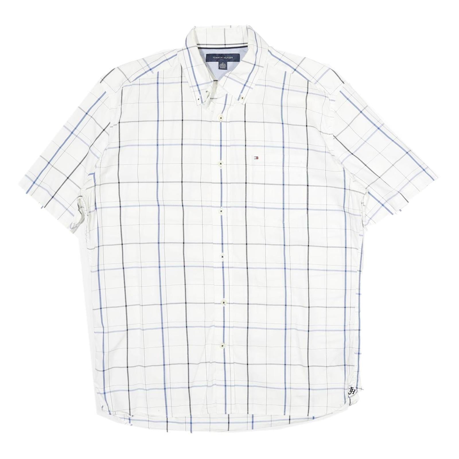 TOMMY HILFIGER Mens White & Blue Checked Shirt M Short Sleeve Button Down Cotton Refurbished - N/A refurbished available on Cerqular
