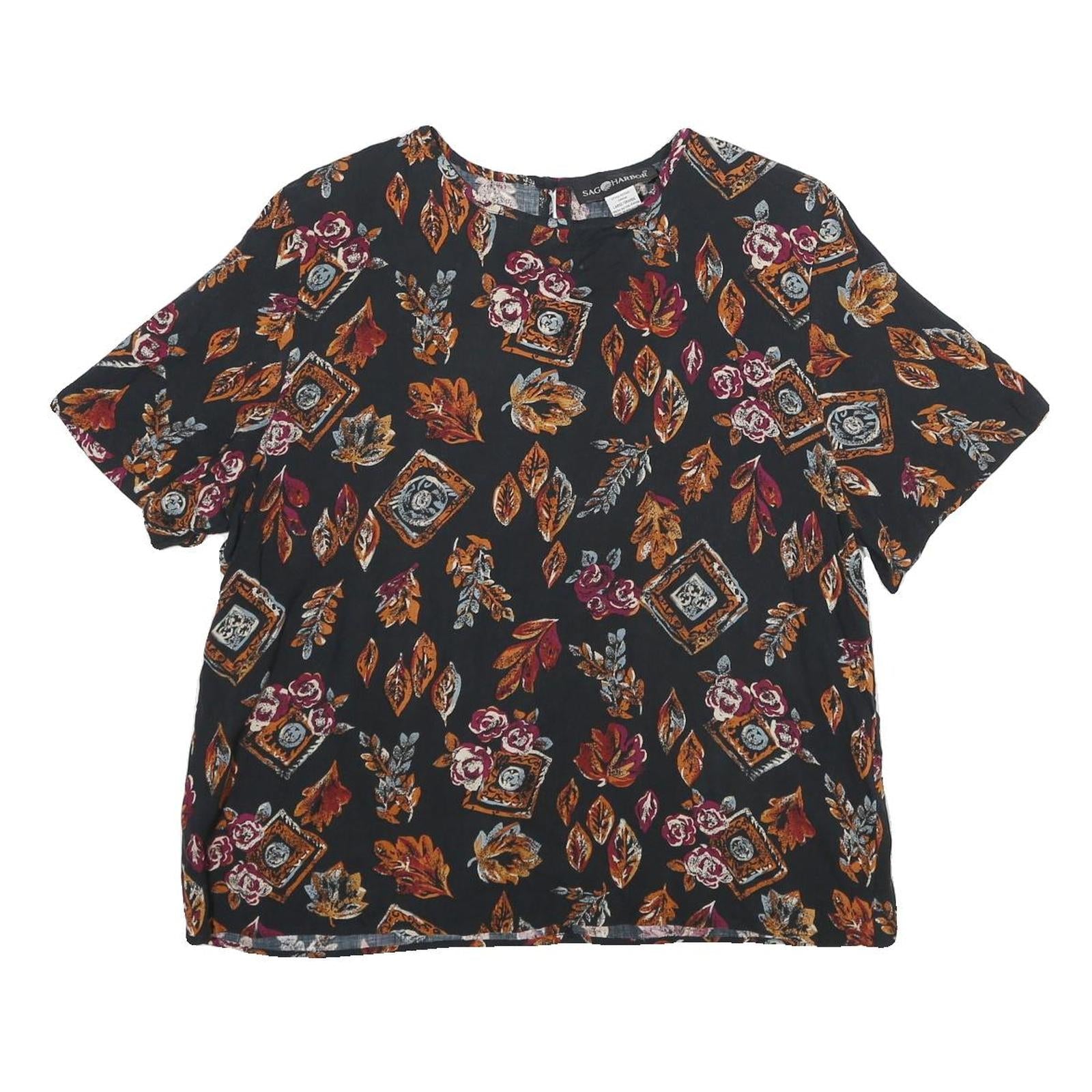 SAG HARBOUR Womens Black Printed Top Short Sleeve Round Neck L Rayon Casual Refurbished - N/A refurbished available on Cerqular