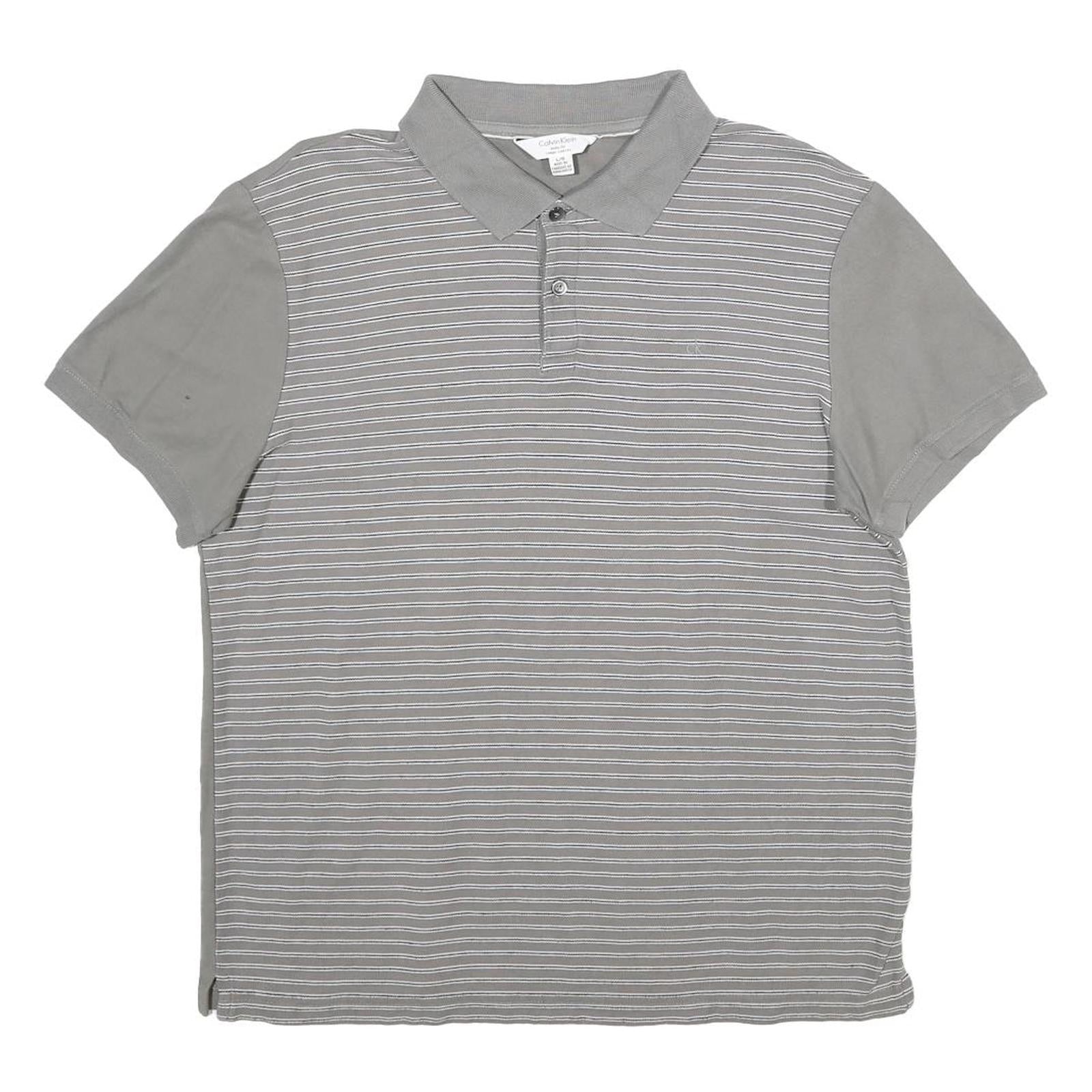 CALVIN KLEIN Mens Grey & White Striped Short Sleeve Polo Shirt L Casual Cotton Refurbished - N/A refurbished available on Cerqular