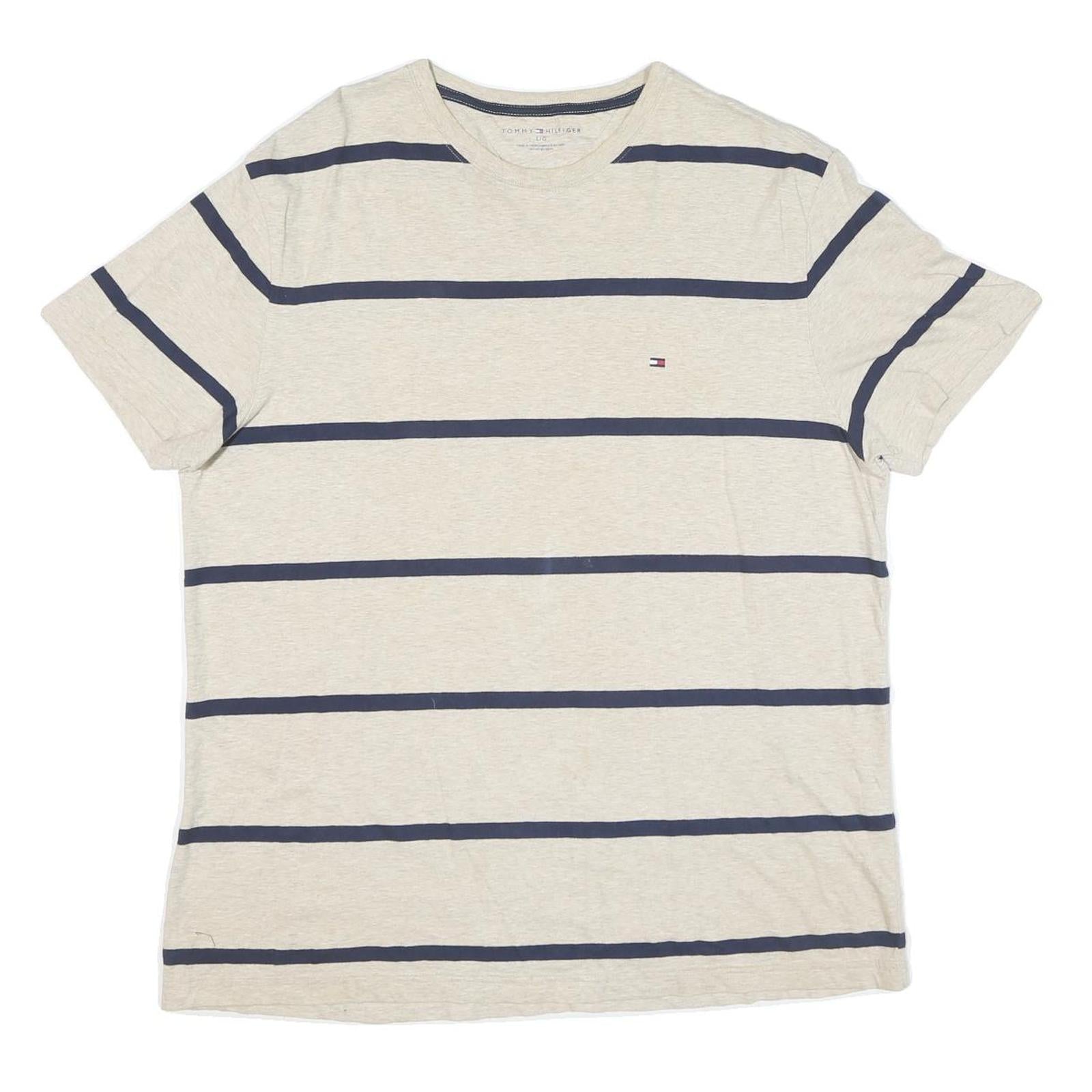 TOMMY HILFIGER Mens Cream & Navy Stripe Modern T-Shirt L Short Sleeve Crew Neck Refurbished - N/A refurbished available on Cerqular