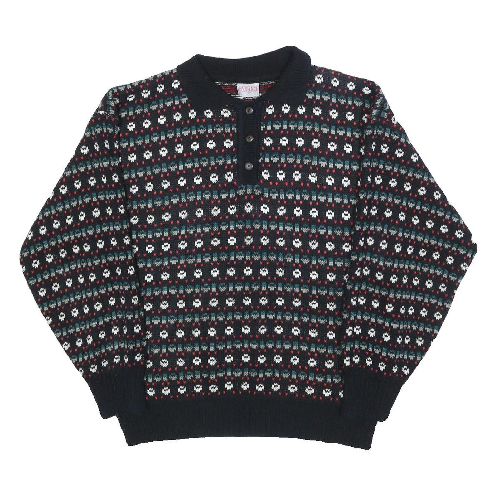 ENHANCE Womens Black Patterned Button Up Acrylic Jumper L Floral Knit Refurbished - N/A refurbished available on Cerqular