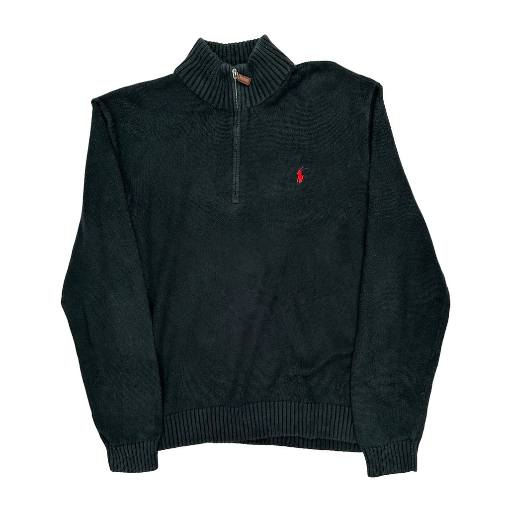 Polo By Ralph Lauren 1/4 Zip - XL Black Cotton Refurbished - Thrifted (note: this is a term often used to describe second- refurbished available on Cerqular