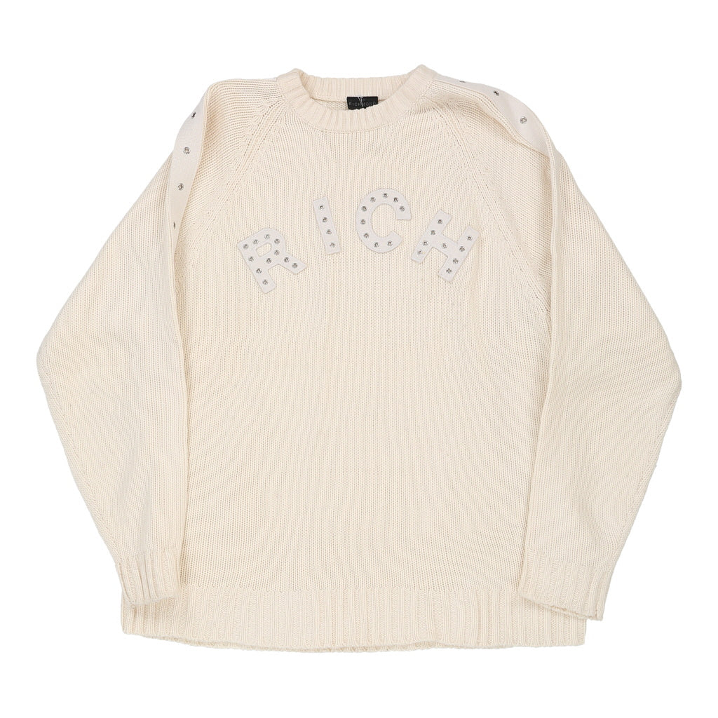 Richmond Spellout Jumper - XL White Cotton Refurbished - Thrifted (note: this is a term often used to describe second- refurbished available on Cerqular