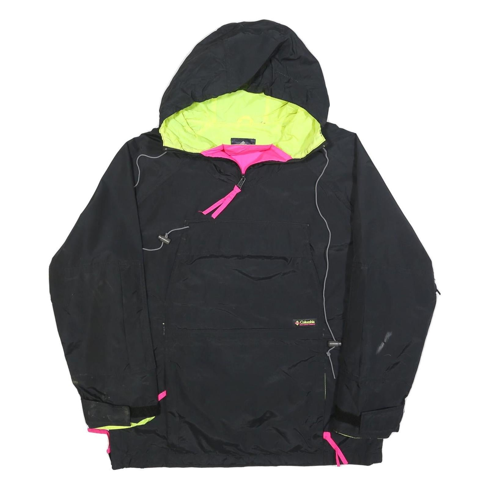 COLUMBIA Mens Black Neon Yellow Hooded Outdoor Jacket S Polyester Blend Zip Refurbished - N/A refurbished available on Cerqular