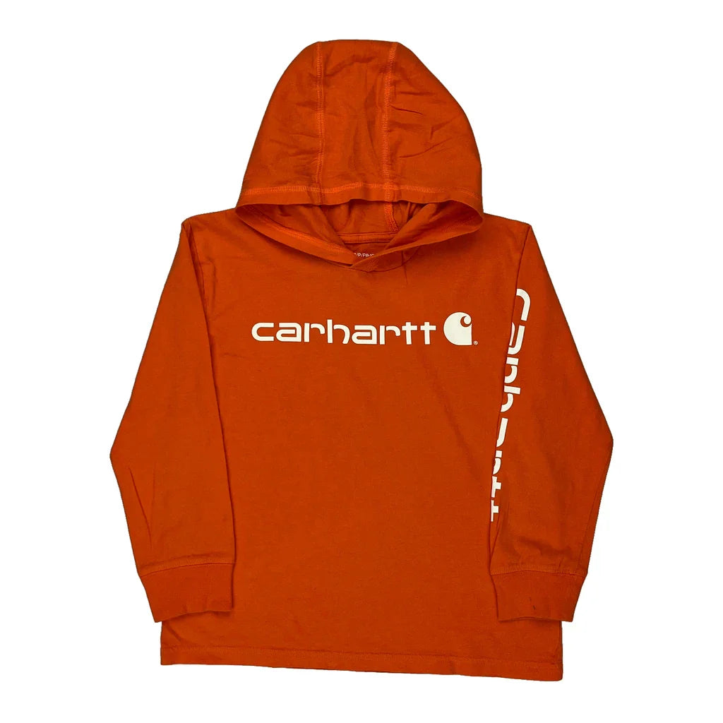 Age 8-10 Carhartt Spellout Hoodie - Small Orange Cotton Refurbished - Thrifted (note: this is a term often used to describe second- refurbished available on Cerqular