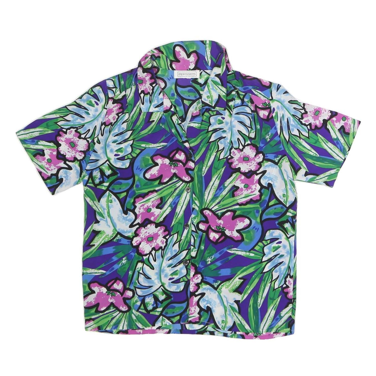 IMPRESSIONS Womens Blue & Green Floral Printed Short Sleeve Shirt L Casual Refurbished - N/A refurbished available on Cerqular