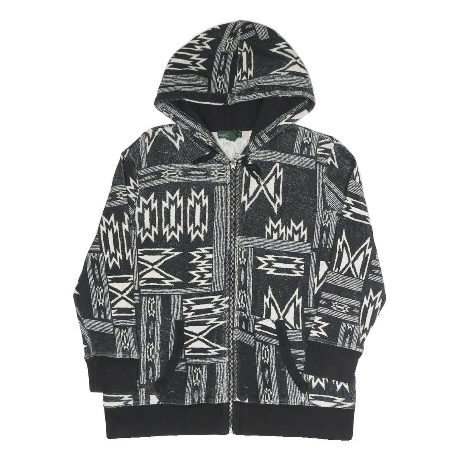 LAUREN RALPH LAUREN Womens Black & White Geometric Full Zip Hoodie L Relaxed Fit Refurbished - N/A refurbished available on Cerqular