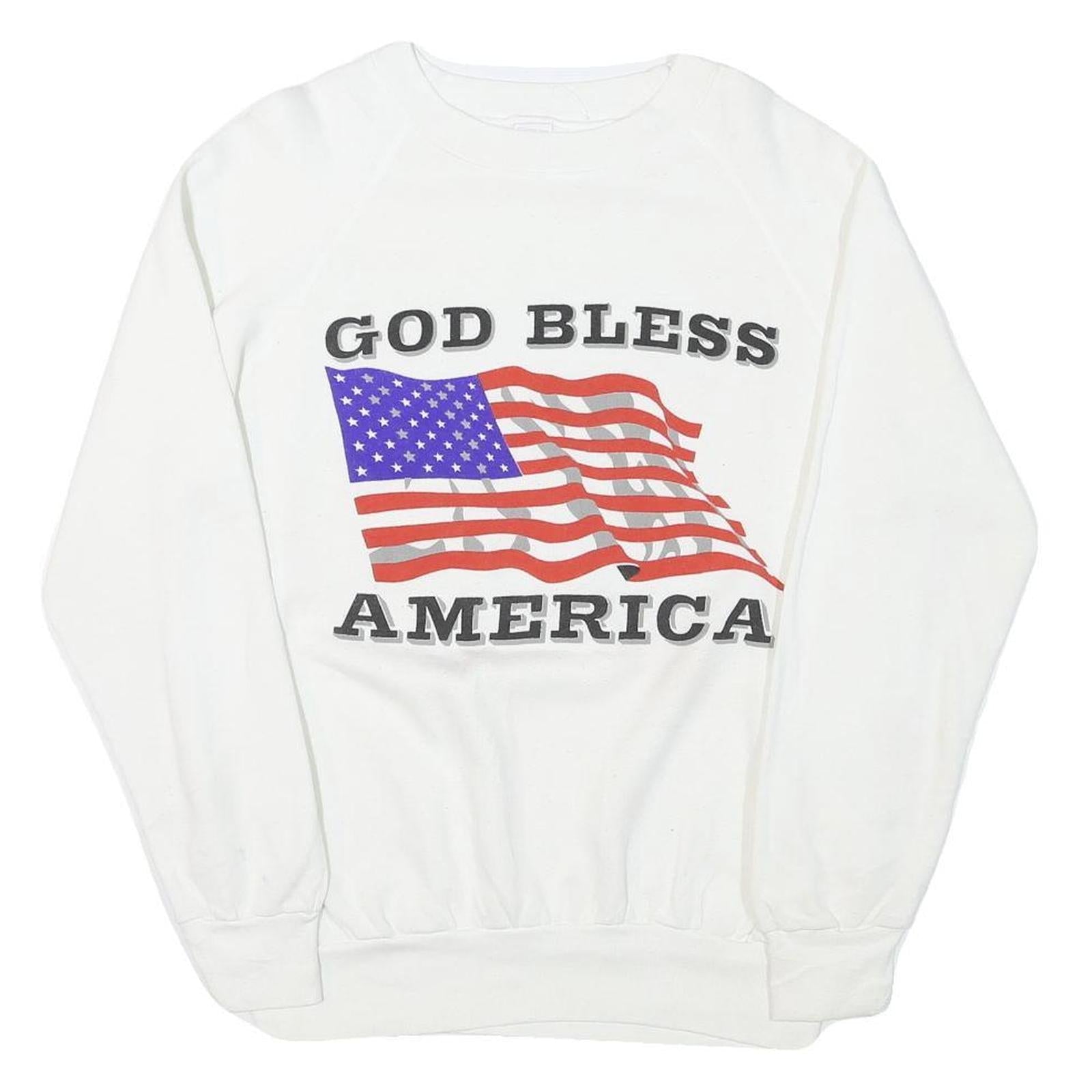 Mens White Crew Neck Sweatshirt God Bless America Graphic Cotton Blend L Refurbished - N/A refurbished available on Cerqular