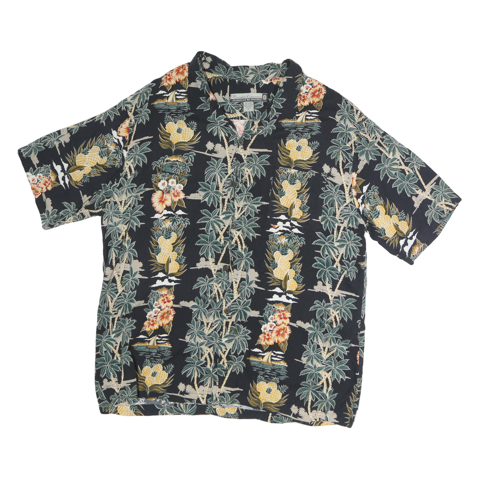 PINEAPPLE CONNECTION Mens Black Hawaiian Shirt XL Tropical Floral Cotton Relaxed Refurbished - N/A refurbished available on Cerqular