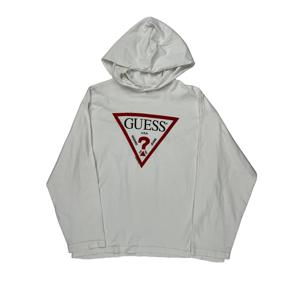 Guess Graphic Hoodie - Medium White Cotton Refurbished - Thrifted (note: this is a term often used to describe second- refurbished available on Cerqular