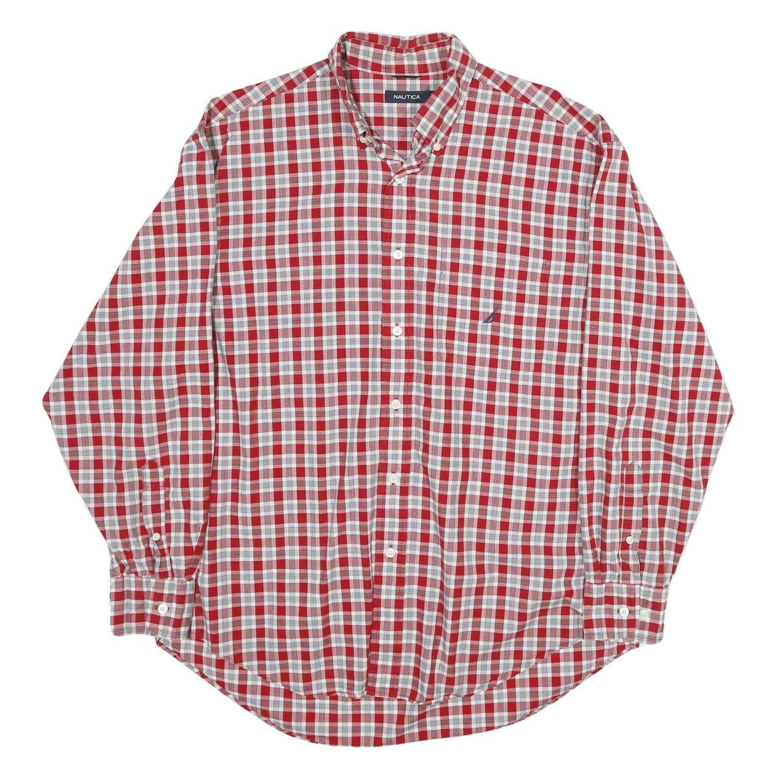 NAUTICA Mens Red & White Check Shirt L Long Sleeve Classic Cotton Button Collar Refurbished - N/A refurbished available on Cerqular