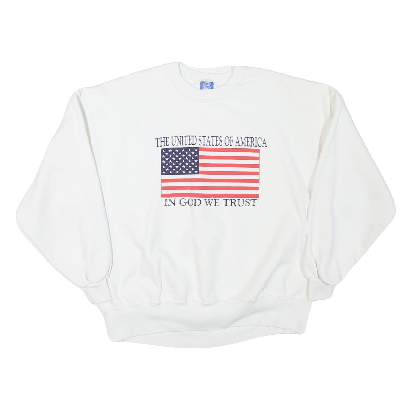 Mens White Sweatshirt XL Crew Neck Cotton Blend USA Flag Patriotic Text Refurbished - N/A refurbished available on Cerqular