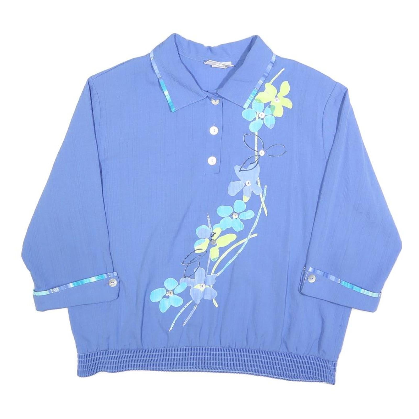 GRAFF Womens Blue Floral Printed Top 3/4 Sleeve Collared L Button Fastening Refurbished - N/A refurbished available on Cerqular