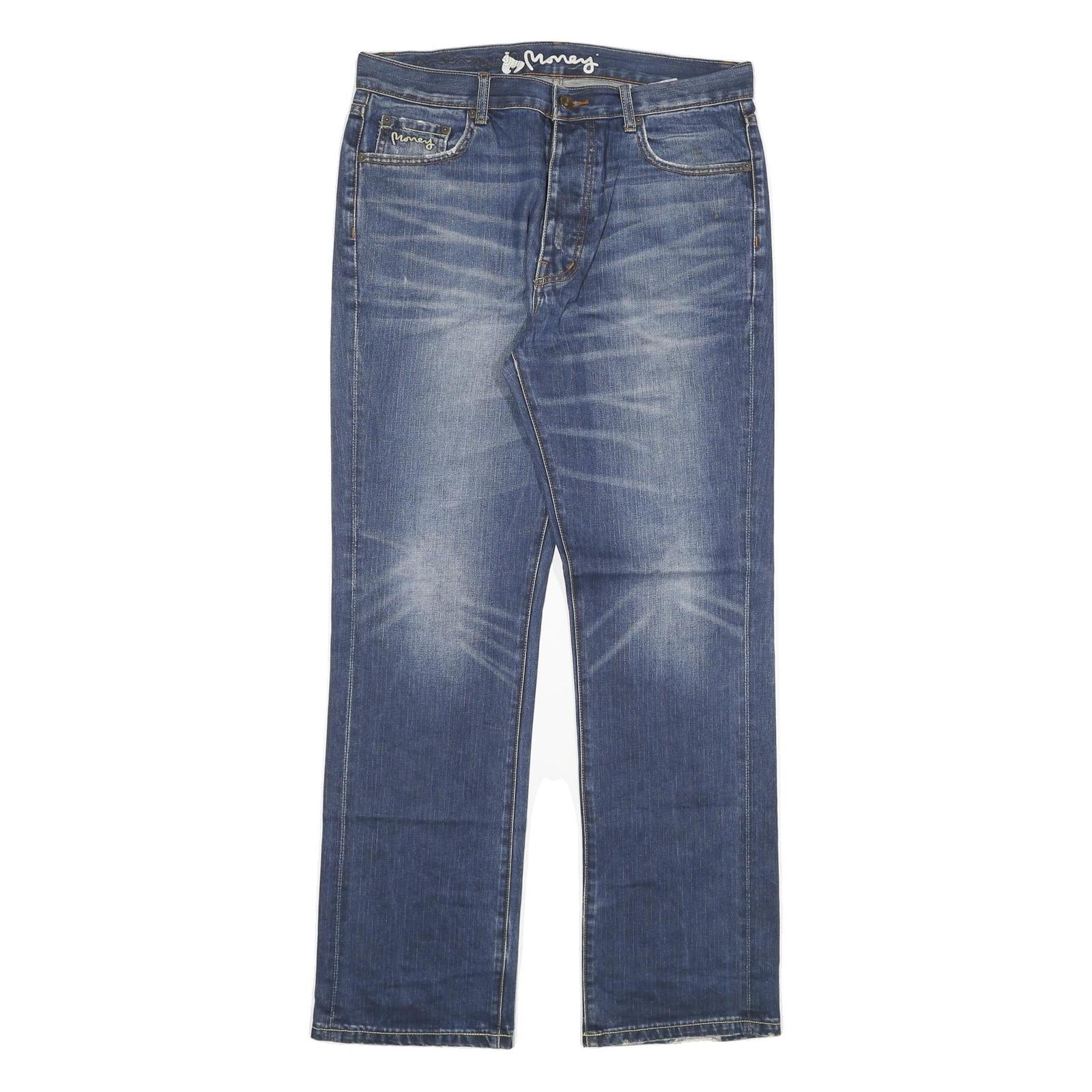 MONEY Mens Jeans Blue Regular Straight Denim Medium Wash W34 L32 Faded Refurbished - N/A refurbished available on Cerqular
