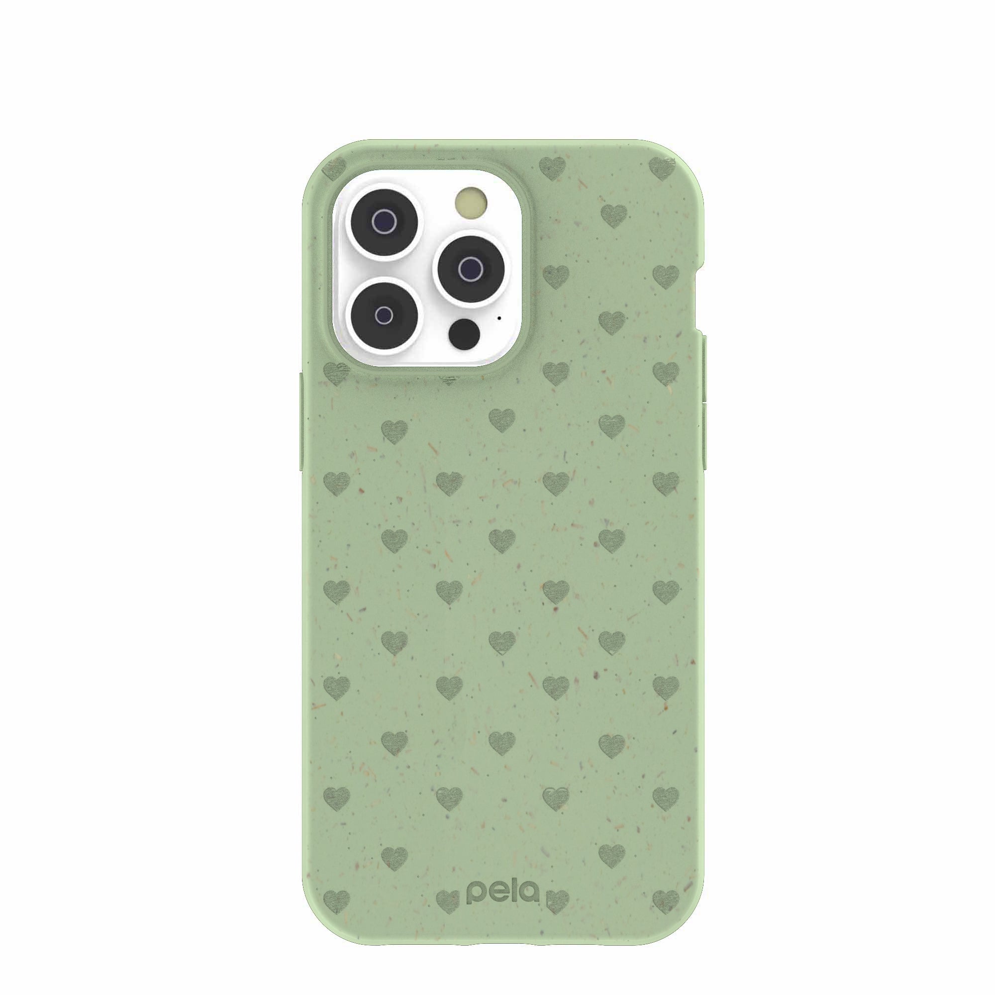 Sage Green Hearts iPhone 14 Pro Max Case Refurbished - Pela Case refurbished available on Cerqular