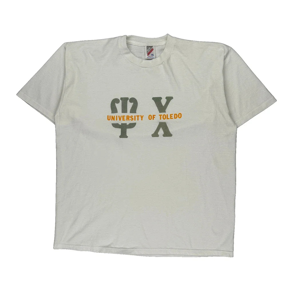 University Of Toledo Jerzees College T-Shirt - XL White Cotton Blend Refurbished - Thrifted (note: this is a term often used to describe second- refurbished available on Cerqular
