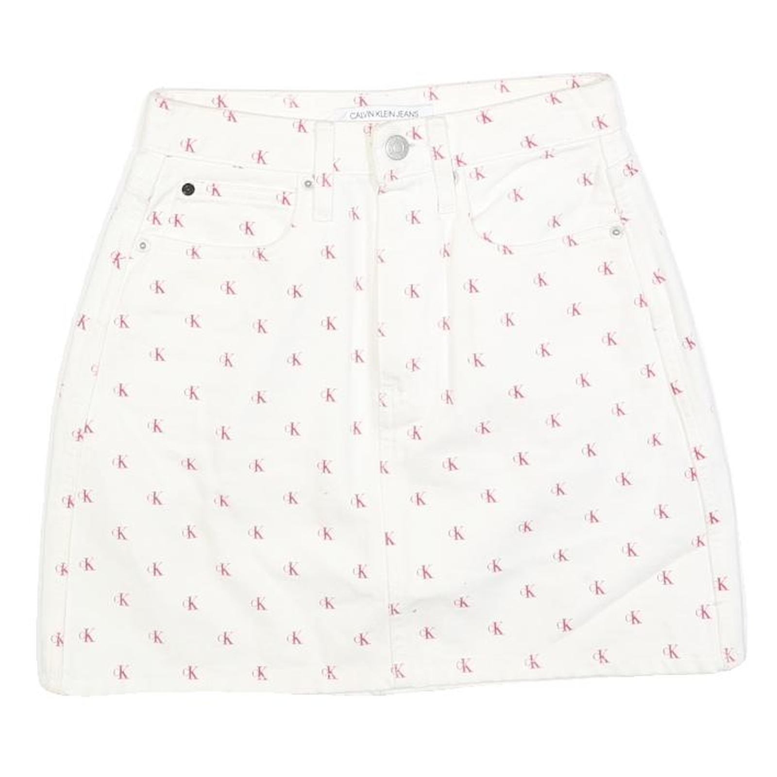 CALVIN KLEIN Womens White Cotton Blend Mini Denim Skirt XS Logo Print Refurbished - N/A refurbished available on Cerqular