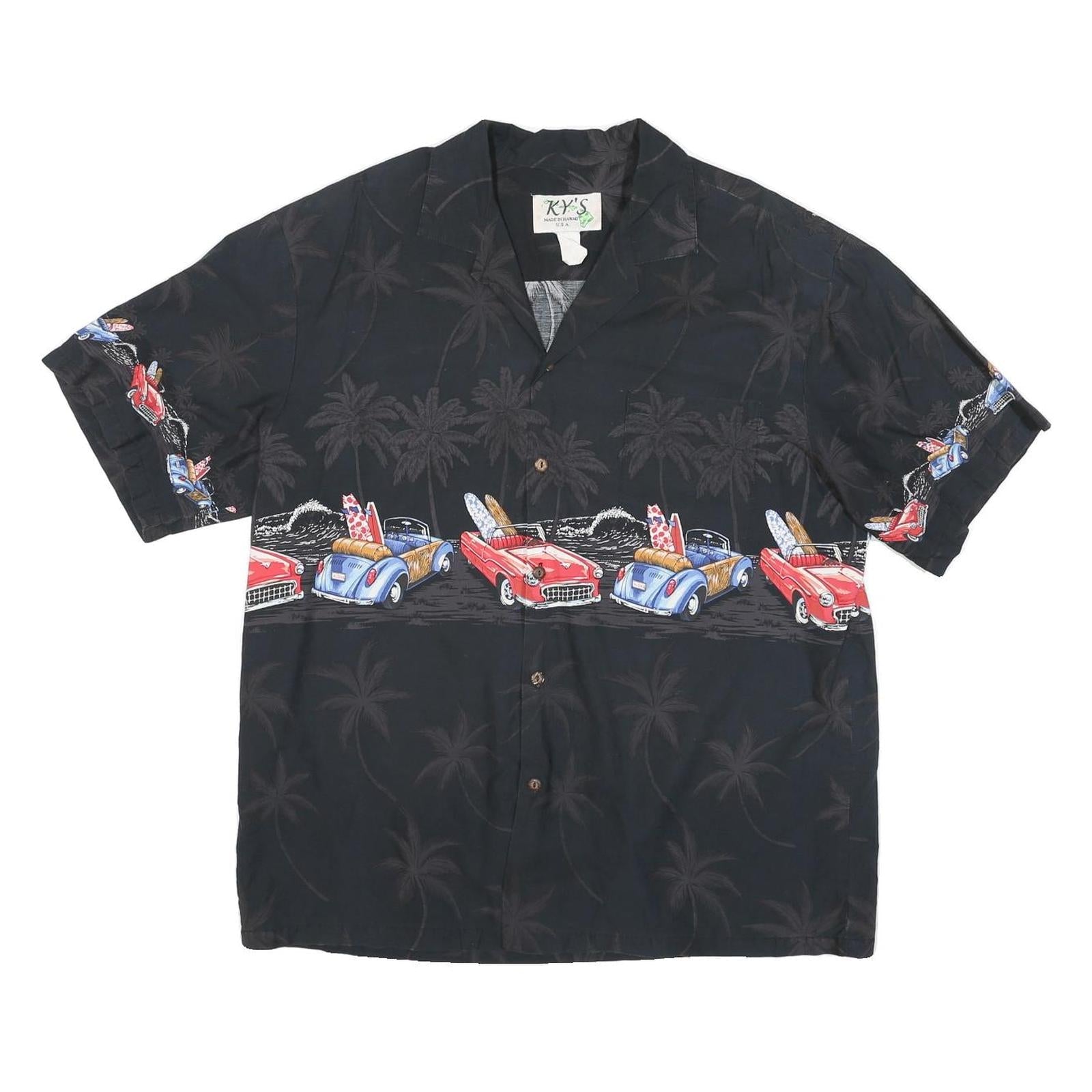 Buy KY'S Mens Black Hawaiian Shirt M Vintage Surf Cars Palm Trees Refurbished - $19.49 KY'S Mens Black Hawaiian Shirt M Vintage Surf Cars Palm Trees Refurbished - N/A refurbished available on Cerqular