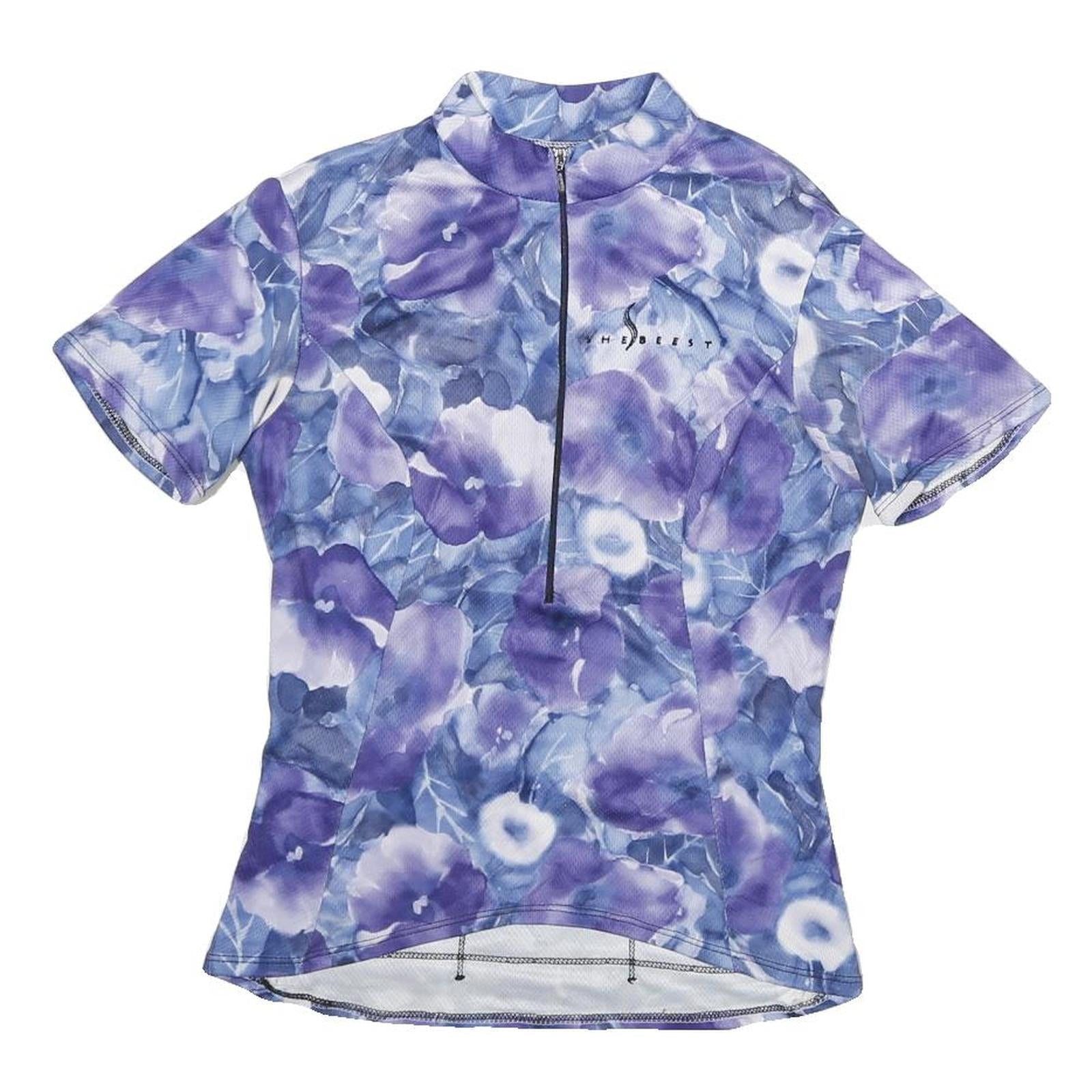 SHE BEEST Womens Blue & Purple Floral Graphic T-Shirt S Short Sleeve Zip Neck Refurbished - N/A refurbished available on Cerqular