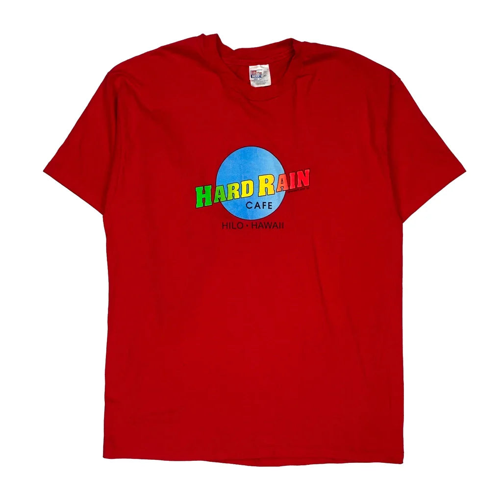 Single Stitch Hard Rain Cafe Hilo Hawaii Hanes Graphic T-Shirt - XL Red Cotton Refurbished - Thrifted (note: this is a term often used to describe second- refurbished available on Cerqular