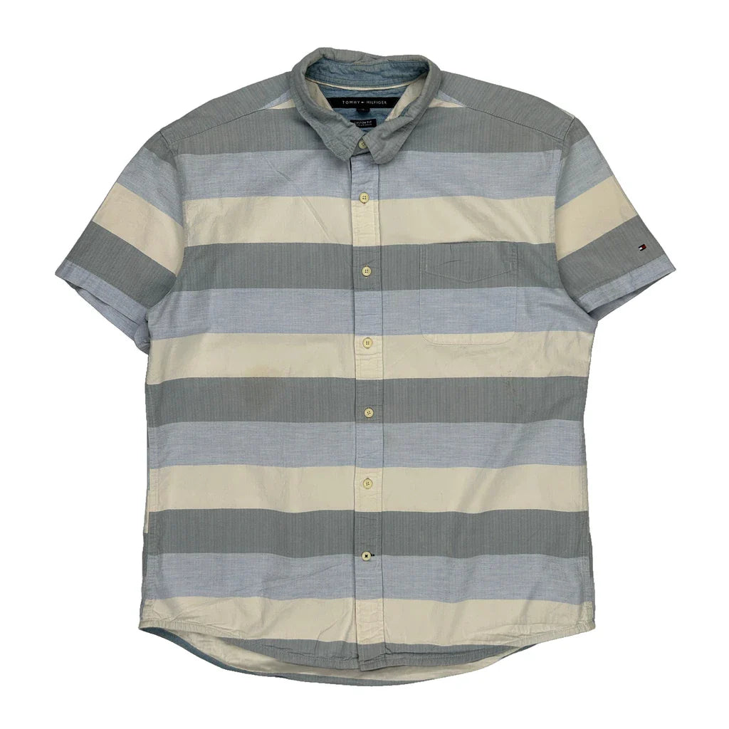 Tommy Hilfiger Striped Short Sleeve Shirt - XL Blue Cotton Refurbished - Thrifted (note: this is a term often used to describe second- refurbished available on Cerqular
