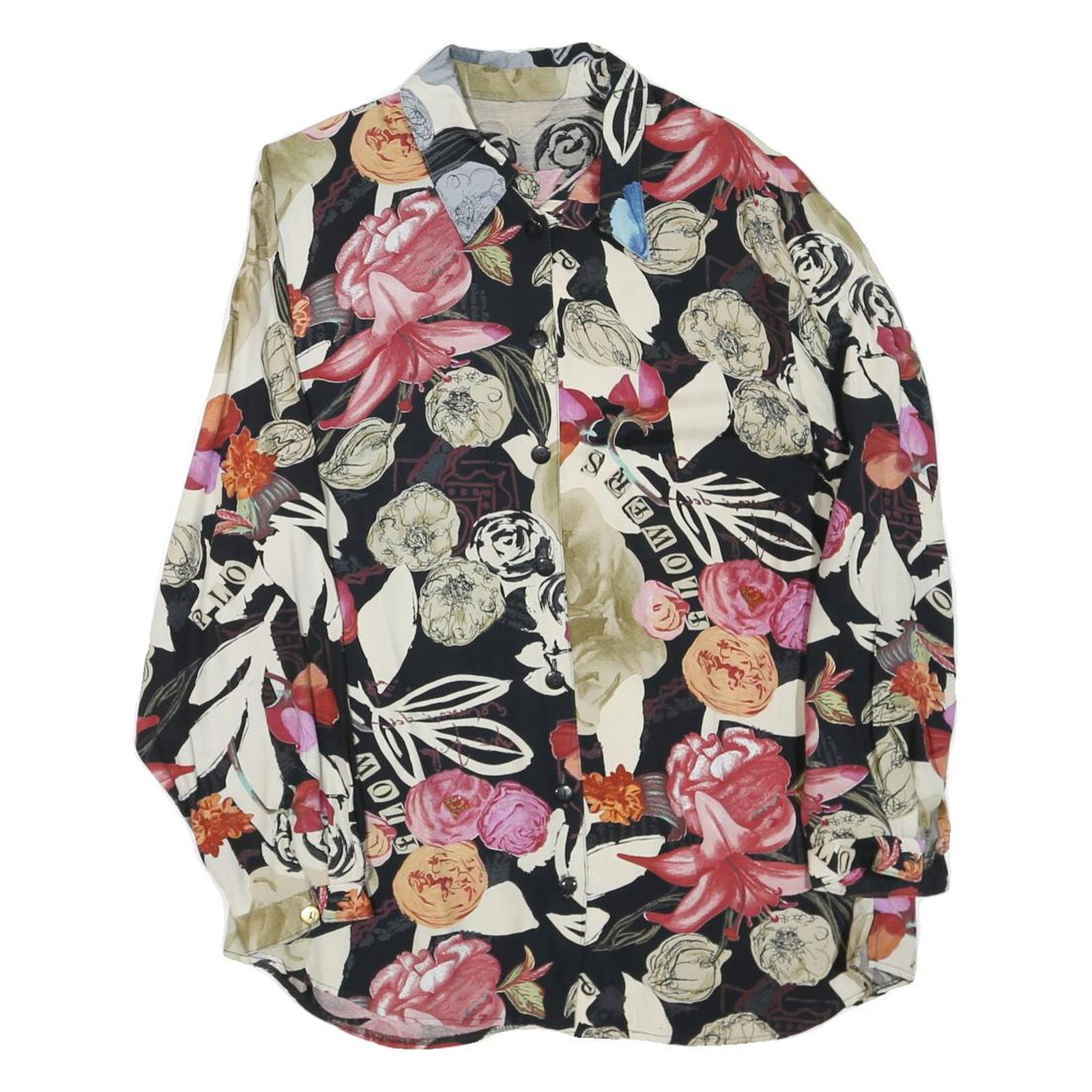 Womens Black & Cream Floral Printed Shirt Long Sleeve Collared M Relaxed Fit Refurbished - N/A refurbished available on Cerqular
