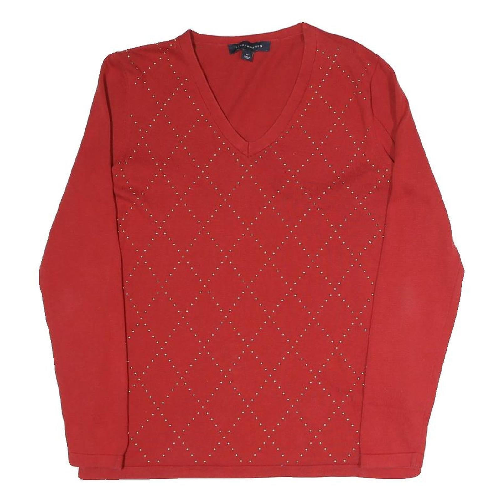 TOMMY HILFIGER Womens Red Patterned V-Neck Basic Knit Jumper M Stylish Soft Fit Refurbished - N/A refurbished available on Cerqular
