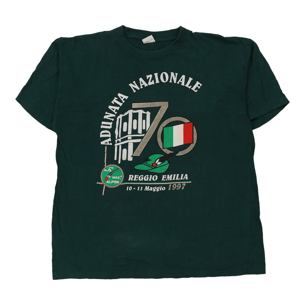1997 Radunata Nazionale Alpini  Unbranded T-Shirt - 2XL Green Cotton Refurbished - Thrifted (note: this is a term often used to describe second- refurbished available on Cerqular