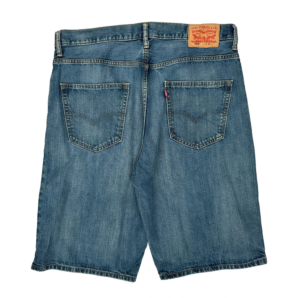 Levis Denim Shorts - 36W 12L Blue Cotton Refurbished - Thrifted (note: this is a term often used to describe second- refurbished available on Cerqular