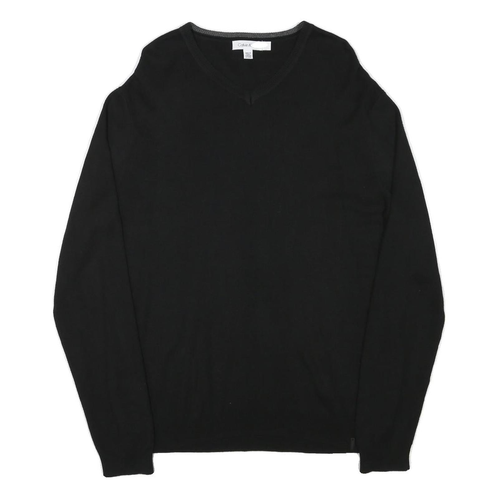 CALVIN KLEIN Mens Black Plain V-Neck Basic Knit Jumper L Cotton Blend Soft Refurbished - N/A refurbished available on Cerqular