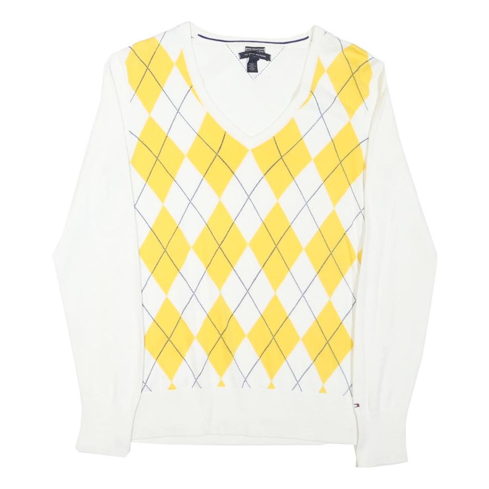 TOMMY HILFIGER Womens White & Yellow Patterned Jumper V-Neck Basic Knit M Cotton Refurbished - N/A refurbished available on Cerqular